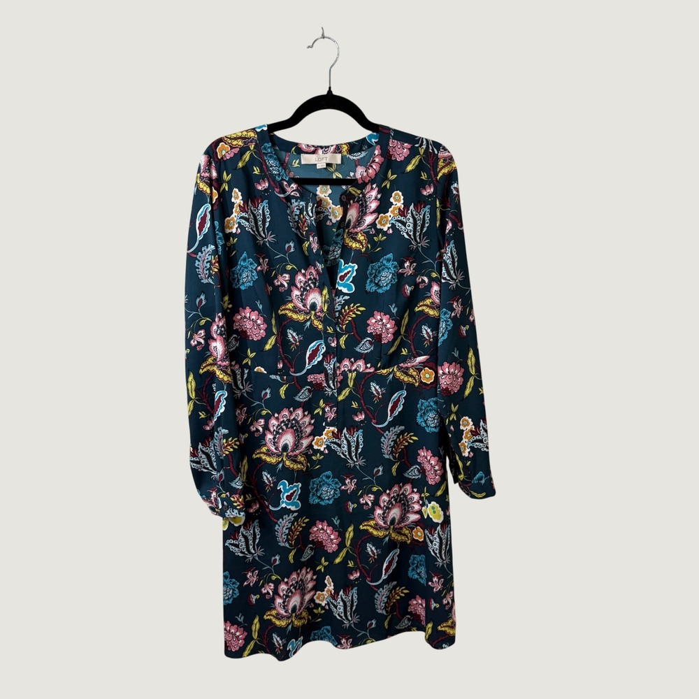 LOFT Floral Paisley Long Sleeve Dress Teal Sz 8 Boho Fall Dark Romantic Poetcore